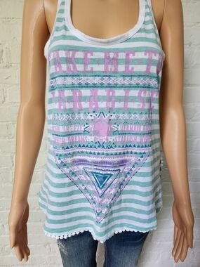 No Boundaries Mint & White Striped Tank with Pink Graphic